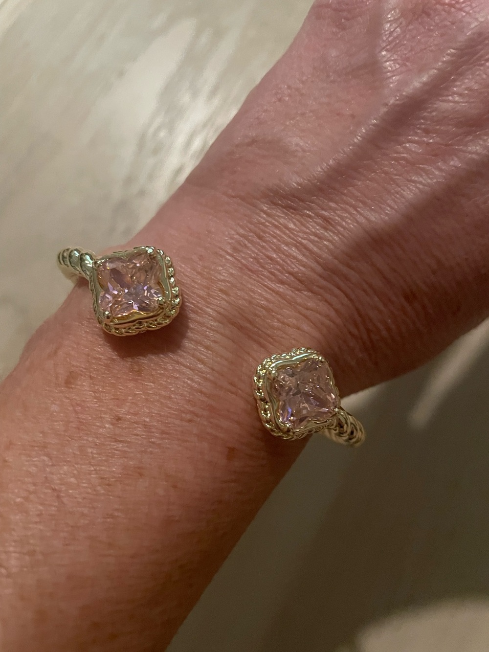Gold Open Cuff Bracelet with Pink Cushion-Cut Stones